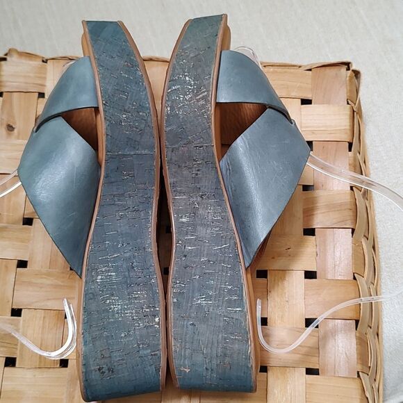 Kork-Ease Sabrina Blue Leather Criss Cross Platform Wedge Sandals - Picture 7 of 10
